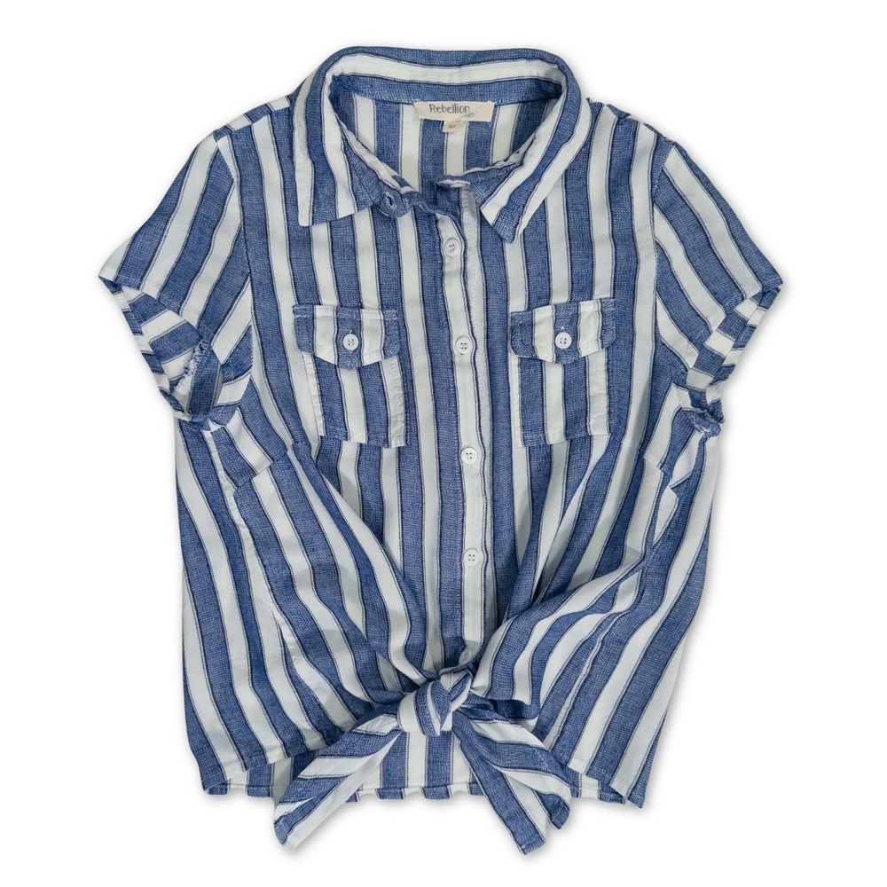 Rebellion Short Sleeve Blouse Girls Medium Blue Stripe Tie Front Button Up Shirt